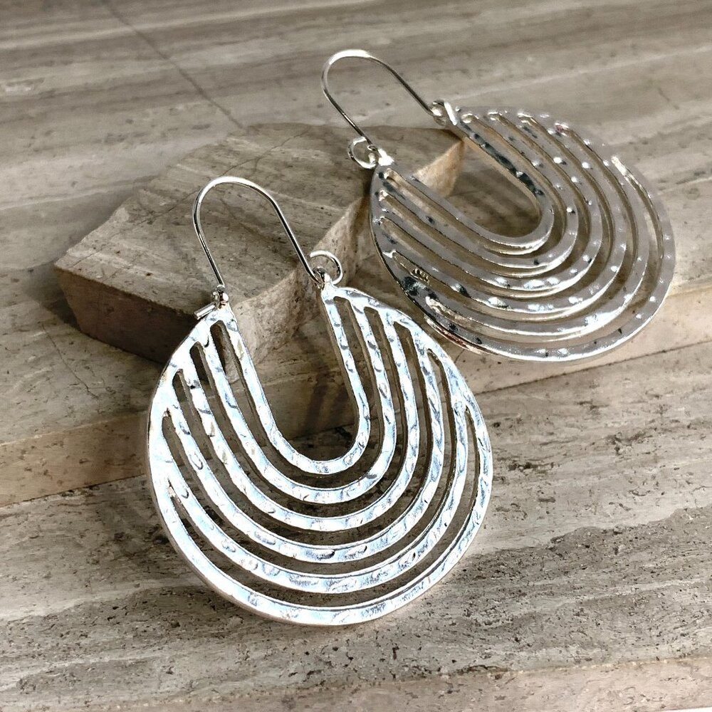 NEW~ Anthropologie Hammered Curved Silver Hoop Earrings